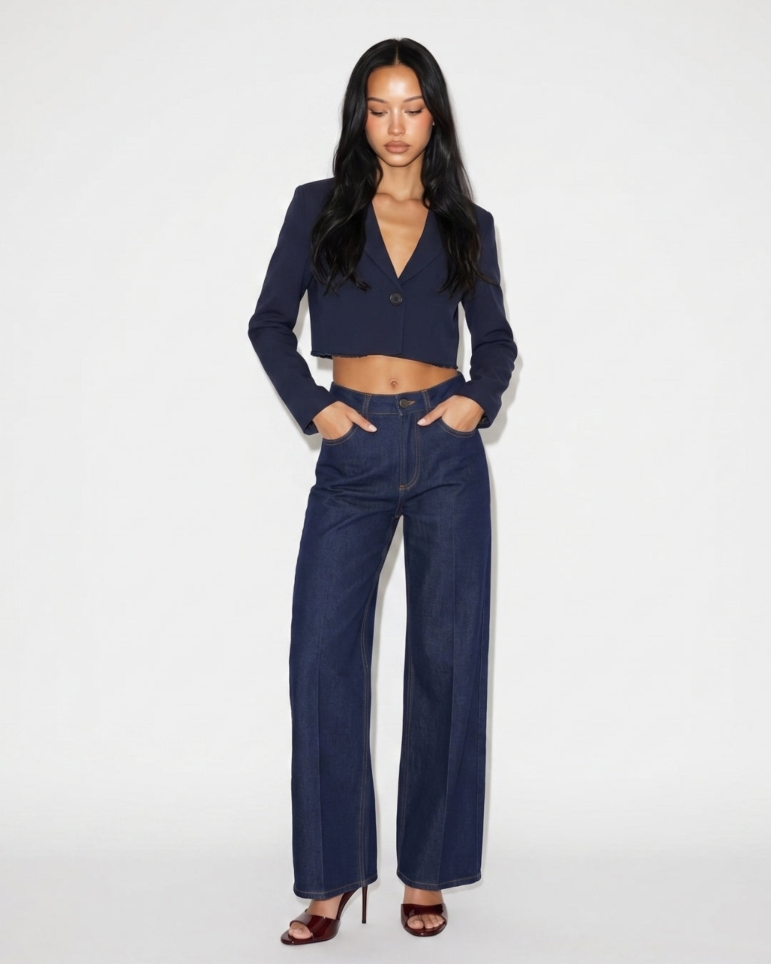 Sacou Cropped Bleumarin cu Tiv Nefinisat