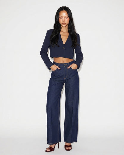 Sacou Cropped Bleumarin cu Tiv Nefinisat