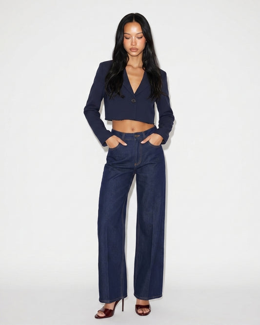 Sacou Cropped Bleumarin cu Tiv Nefinisat